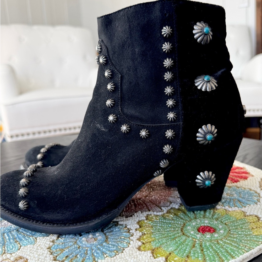 Double D Ranch Black Ankle Boots with Silver and Turquoise Details